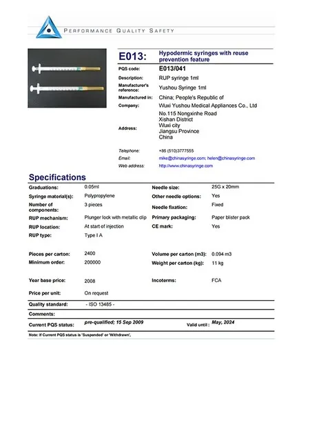 1ml auto-disable syringe performance quality safety certificate