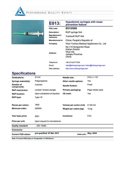 5ml auto-disable syringe performance quality safety certificate